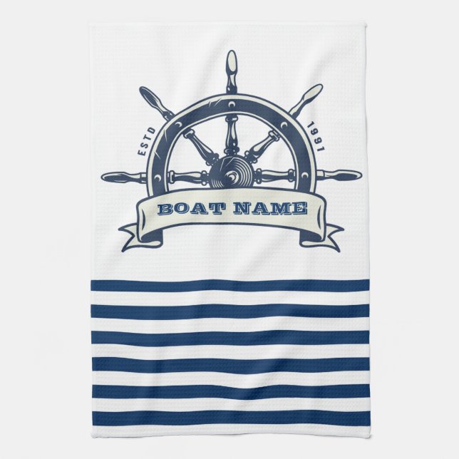 Nautical Boat Wheel, Navy Blue White Stripes Kitchen Towel (Vertical)