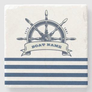 Nautical Boat Wheel, Navy Blue White Stripes Stone Coaster
