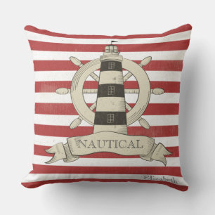 Nautical,Boat Wheel,Red and White Stripes Throw Pillow