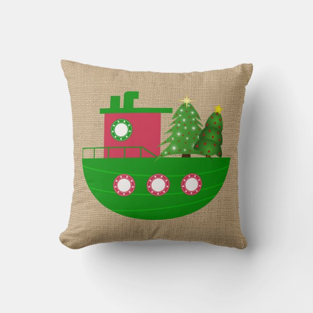 Nautical Boat with Christmas Trees Burlap Throw Pillow (Front)