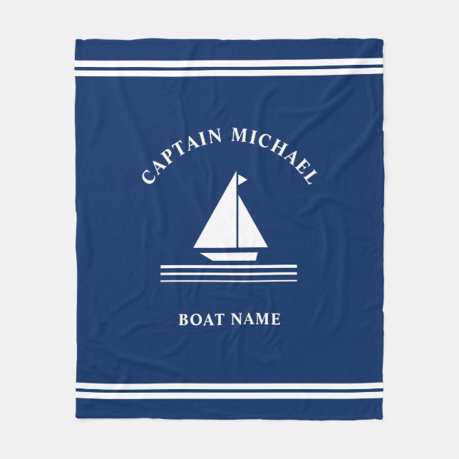  Nautical Boating Navy Blue Boat Name Sailing Fleece Blanket (Front)