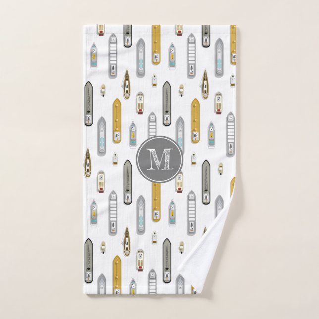 Nautical boats ships On the River white w monogram Hand Towel (Hand Towel)