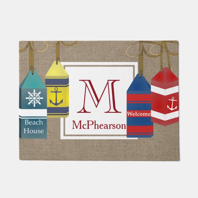 Nautical Bouys Burlap Personalized Doormat (Front)