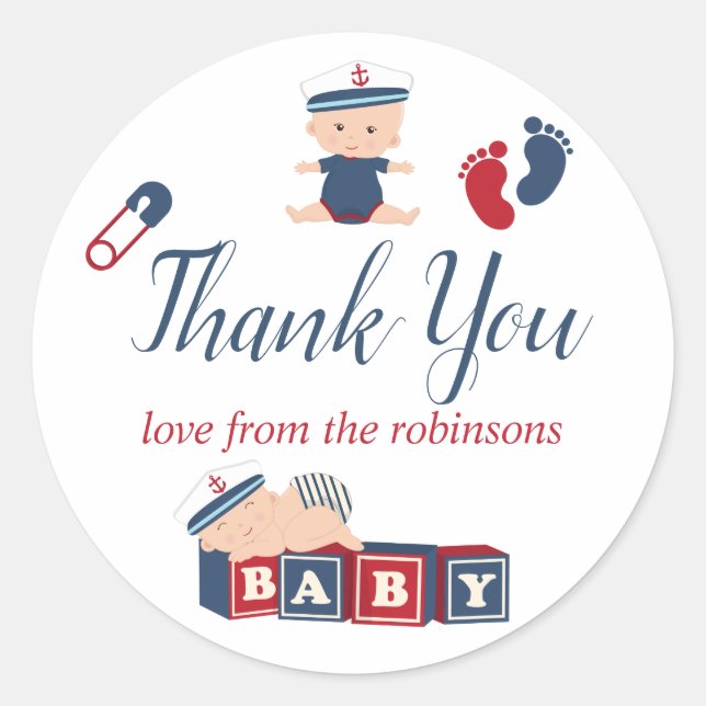 Nautical Boy Baby Shower Thank You Classic Round Sticker (Front)
