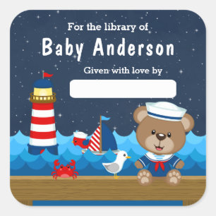 Nautical Boy Bear Red and Navy Baby Bookplate Square Sticker