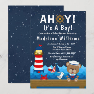 Nautical Boy Bear Red and Navy Baby Shower Invitation