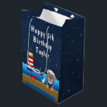 Nautical Boy Bear Red and Navy Happy Birthday Medium Gift Bag<br><div class="desc">This cute and fun gift bag can be personalized with a name or title, such as son, grandson, nephew, friend etc. It features a nautical sailor boy bear on a wooden deck with a seagull and a crab. In the background there is a red and white lighthouse, a cute bird...</div>