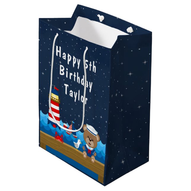 Nautical Boy Bear Red and Navy Happy Birthday Medium Gift Bag (Front Angled)