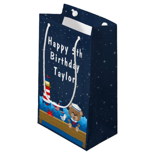 Nautical Boy Bear Red and Navy Happy Birthday Small Gift Bag (Front Angled)