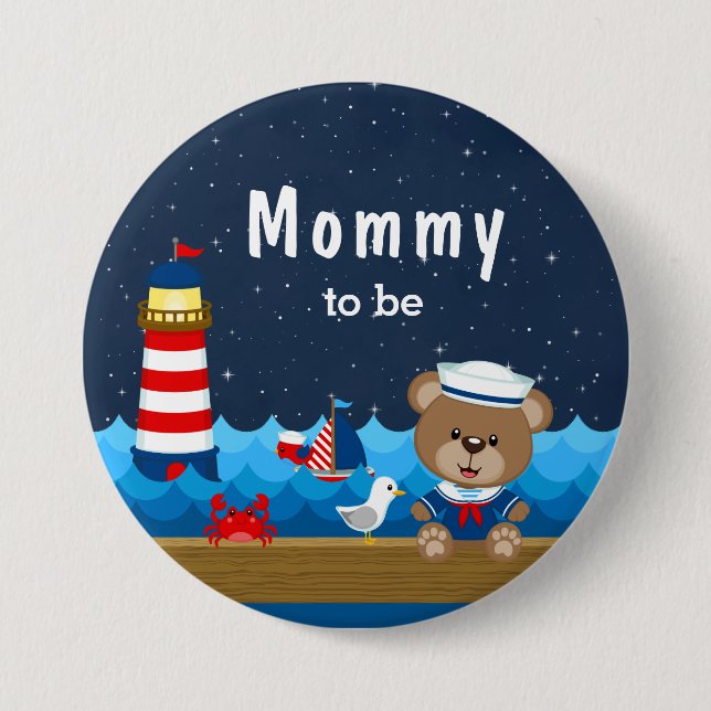 Nautical Boy Bear Red and Navy Mommy To Be 3 Inch Round Button (Front)