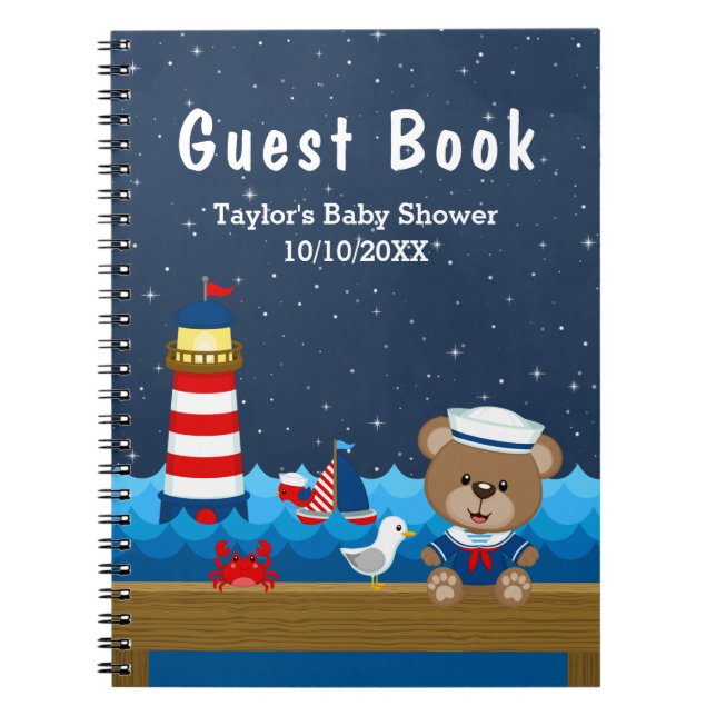 Nautical Boy Bear Red Baby shower Livre d'invité (Devant)