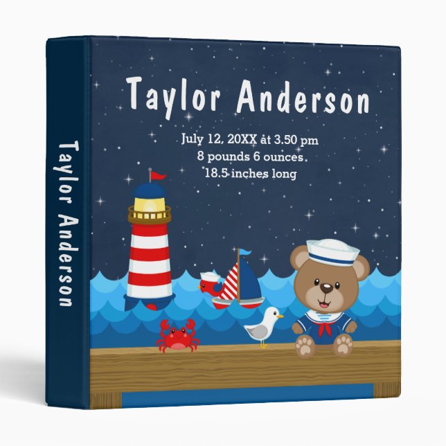 Nautical Boy Bear Red Navy Birth Statistics Binder (Front/Spine)