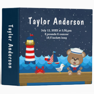 Nautical Boy Bear Red Navy Birth Statistics Binder