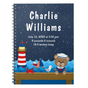 Nautical Boy Bear Red Navy Birth Statistics Notebook
