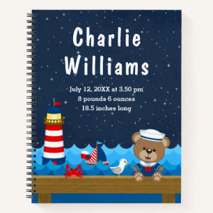 Nautical Boy Bear Red Navy Birth Statistics Notebook