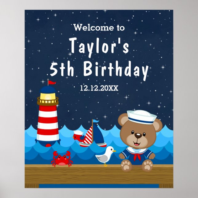Nautical Boy Bear Red Navy Birthday Welcome Poster (Front)