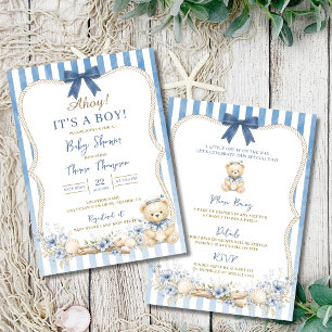 Nautical Boy Blue Sailor Bear Baby Shower Invitation