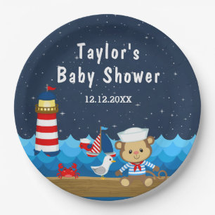 Nautical Boy Monkey Red and Navy Baby Shower Paper Plate