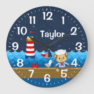 Nautical Boy Monkey Red and Navy Large Clock