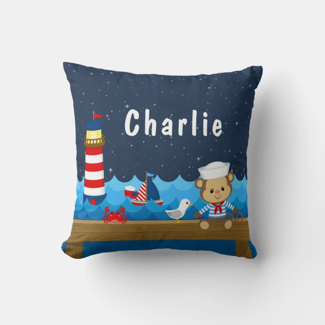 Nautical Boy Monkey Red and Navy Throw Pillow (Front)