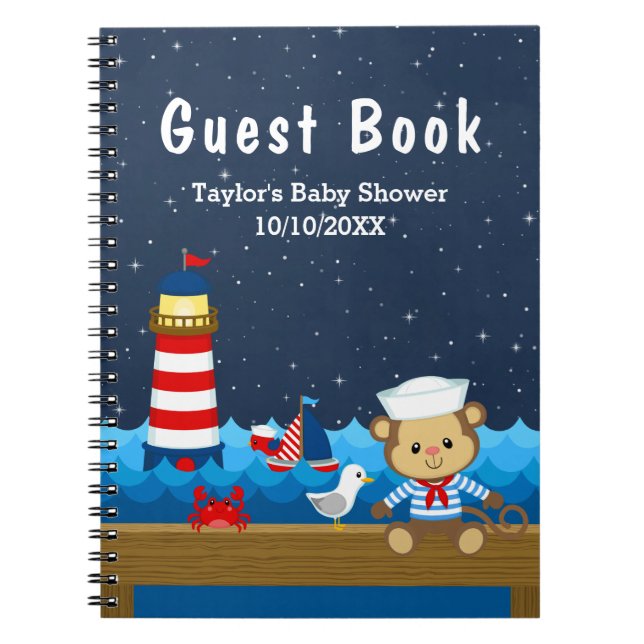 Nautical Boy Monkey Red Baby shower Livre d'invité (Devant)