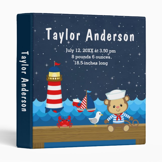 Nautical Boy Monkey Red Navy Birth Statistics Binder (Front/Spine)