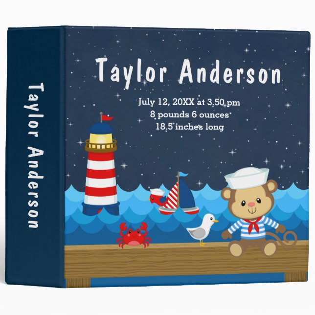 Nautical Boy Monkey Red Navy Birth Statistics Binder (Front/Spine)