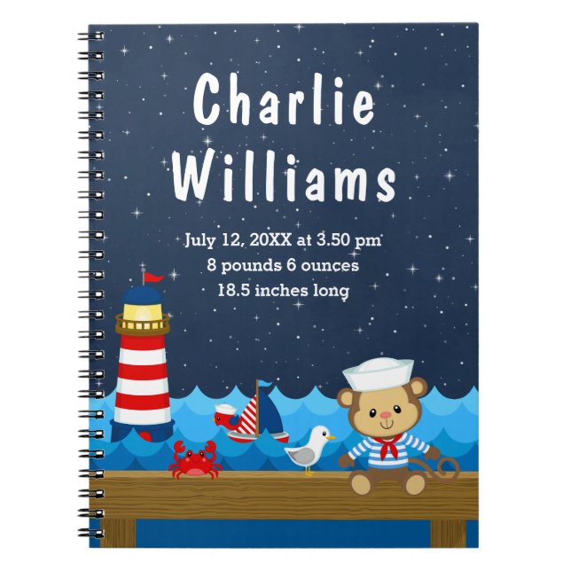 Nautical Boy Monkey Red Navy Birth Statistics Notebook (Front)