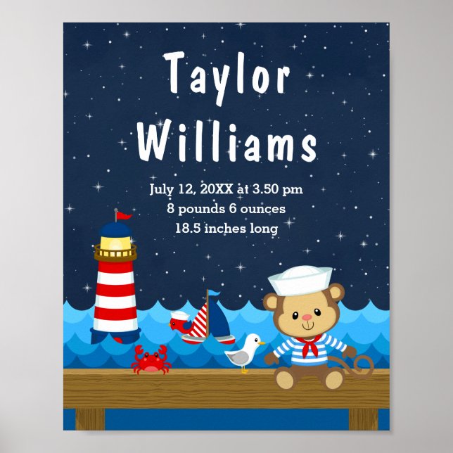 Nautical Boy Monkey Red Navy Birth Statistics Poster (Front)