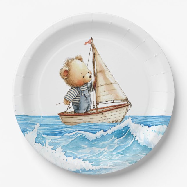 Nautical Boy Sailor Teddy Bears Baby Shower Paper Plate (Front)