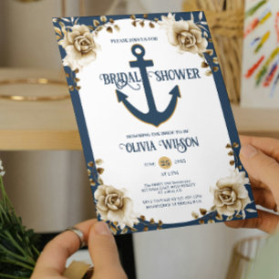 Nautical Bridal Shower Anchor Blue Gold Floral  Invitation