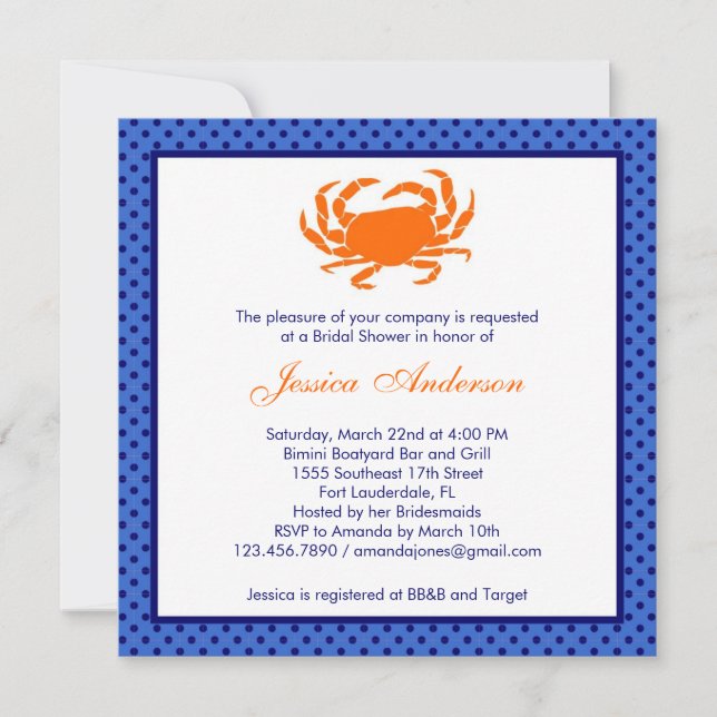 Nautical Bridal Shower Invitation Orange/Navy (Front)