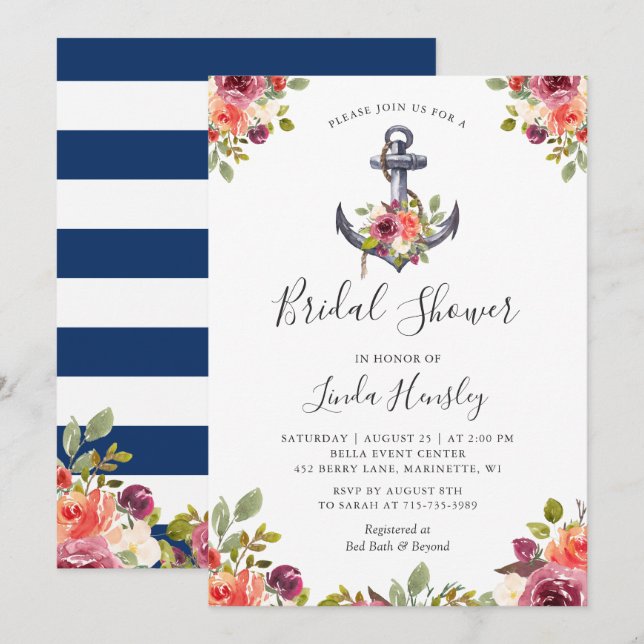 Nautical Bridal Shower Navy Stripes Anchor Floral Invitation (Front/Back)