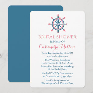 Nautical Bridal Shower Ship Wheel Pink And Blue Invitation