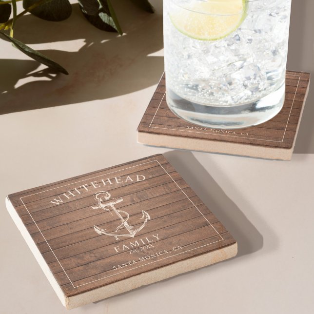 Nautical Brown Wood Anchor Family Stone Coaster (Elevate your dining experience with our Stone Coaster with Rustic Wood Design Anchor)