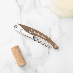 Nautical Brown Wood Grain Personalized Boat Name Corkscrew