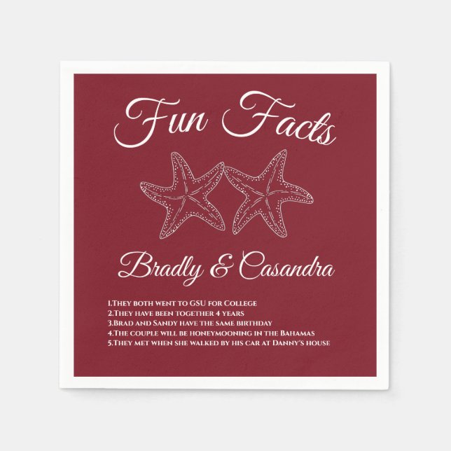 Nautical burgundy Wedding Starfish Fun Fact Napkin (Front)