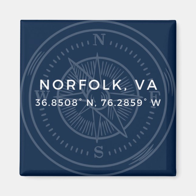 Nautical Button Magnet - Coordinates of Norfolk VA (Front)