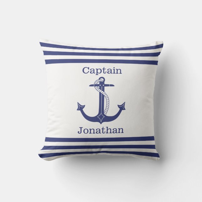 Nautical Captain Blue Anchor Add Name Outdoor Pillow (Front)