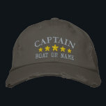Nautical Captain Boat Name Gold Stars Distressed Embroidered Hat<br><div class="desc">Sail in style with a personalized embroidered hat featuring your Captain rank or other desired title along with your Name or Boat Name in silver and five gold stars. Several cap and thread colours to choose from. Makes a great custom gift for Fathers day,  birthdays or any occasion.</div>