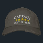 Nautical Captain Boat Name Gold Stars Distressed Embroidered Hat<br><div class="desc">Sail in style with a personalized embroidered hat featuring your Captain rank or other desired title along with your Name or Boat Name in silver and five gold stars. Several cap and thread colours to choose from. Makes a great custom gift for Fathers day,  birthdays or any occasion.</div>