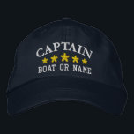 Nautical Captain Boat Name Gold Stars Navy Blue Embroidered Hat<br><div class="desc">Sail in style with a personalized embroidered hat featuring your Captain rank or other desired title along with your Name or Boat Name and five gold stars. Several cap and thread colours to choose from. Makes a great custom gift for Fathers day,  birthdays or any occasion.</div>