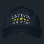 Nautical Captain Boat Name Gold Stars Navy Blue Embroidered Hat<br><div class="desc">Sail in style with a personalized embroidered hat featuring your Captain rank or other desired title along with your Name or Boat Name and five gold stars. Several cap and thread colours to choose from. Makes a great custom gift for Fathers day,  birthdays or any occasion.</div>