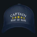 Nautical Captain Boat Name Navy Blue Gold Star Hat<br><div class="desc">Sail in style with a personalized embroidered hat featuring your Captain rank or other desired title along with your Name or Boat Name in silver and five gold stars. Several cap and thread colours to choose from. Makes a great custom gift for Fathers day,  birthdays or any occasion.</div>