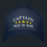 Nautical Captain Boat Name Navy Blue Gold Star Hat<br><div class="desc">Sail in style with a personalized embroidered hat featuring your Captain rank or other desired title along with your Name or Boat Name in silver and five gold stars. Several cap and thread colours to choose from. Makes a great custom gift for Fathers day,  birthdays or any occasion.</div>