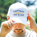 Nautical Captain Boat Name Navy Blue Gold Stars Embroidered Hat<br><div class="desc">Sail in style with a personalized embroidered white hat featuring your Captain rank or other desired title along with your Name or Boat Name in navy blue and five gold stars. Several cap and thread colours to choose from. Makes a great custom gift for Fathers day, birthdays or any occasion....</div>