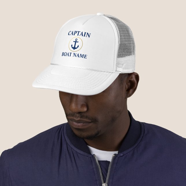 Nautical Captain Boat Name White Blue Gold Trucker Hat (In Situ)