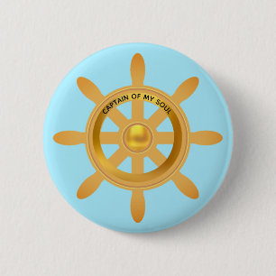 Nautical captain golden ship helm on light blue 2 inch round button