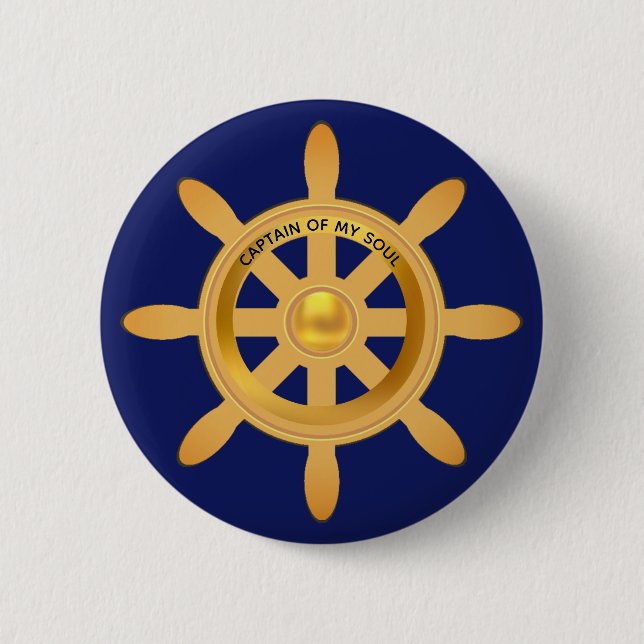 Nautical captain golden ship helm on navy blue 2 inch round button (Front)