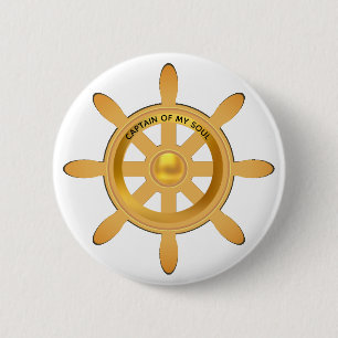 Nautical captain golden ship helm on white 2 inch round button